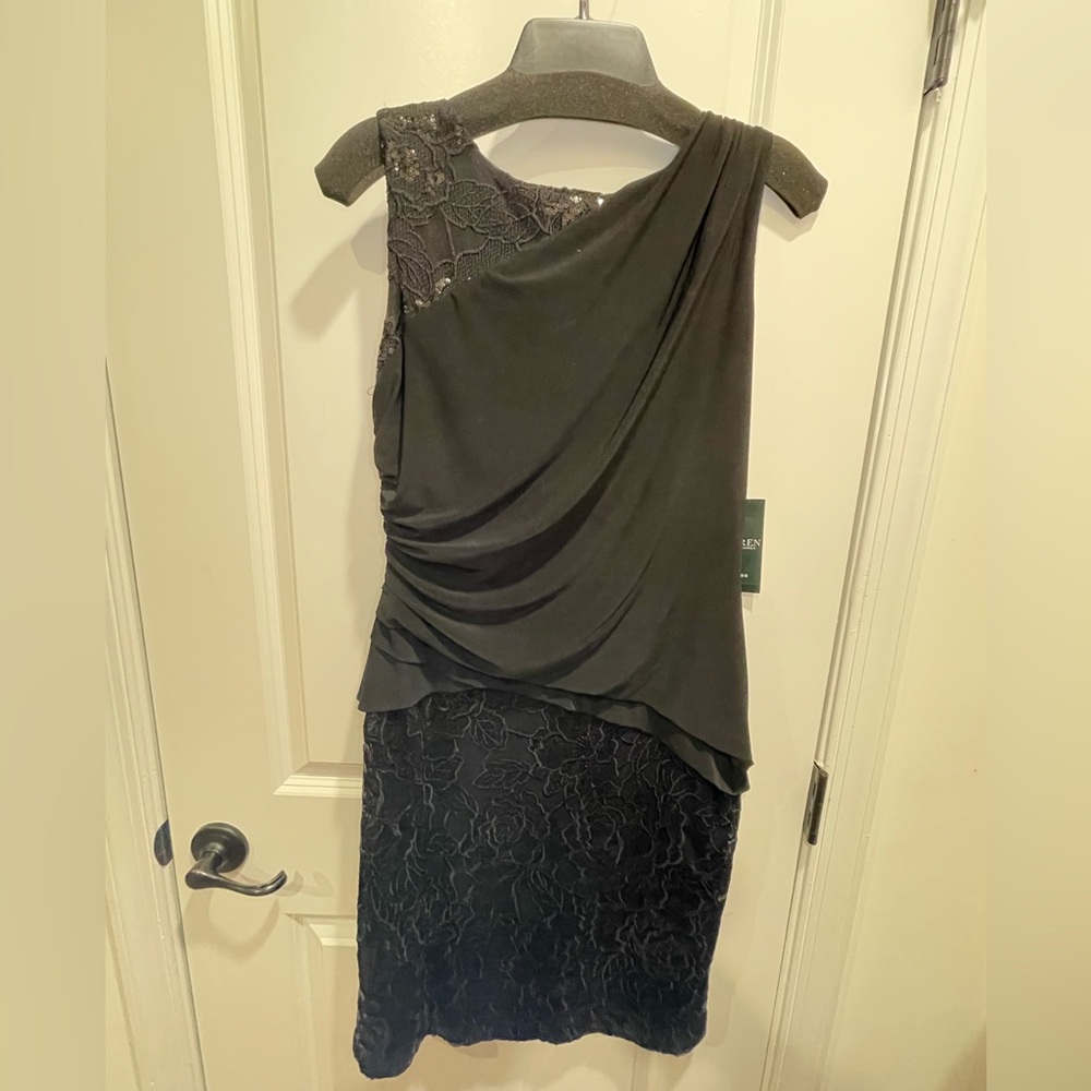 Ralph Lauren Asymmetrical Ruched Black Sheath Dress Sequin